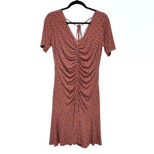 Donna Morgan Orange Navy Geometric Print V-Neck Ruched Front Dress 8